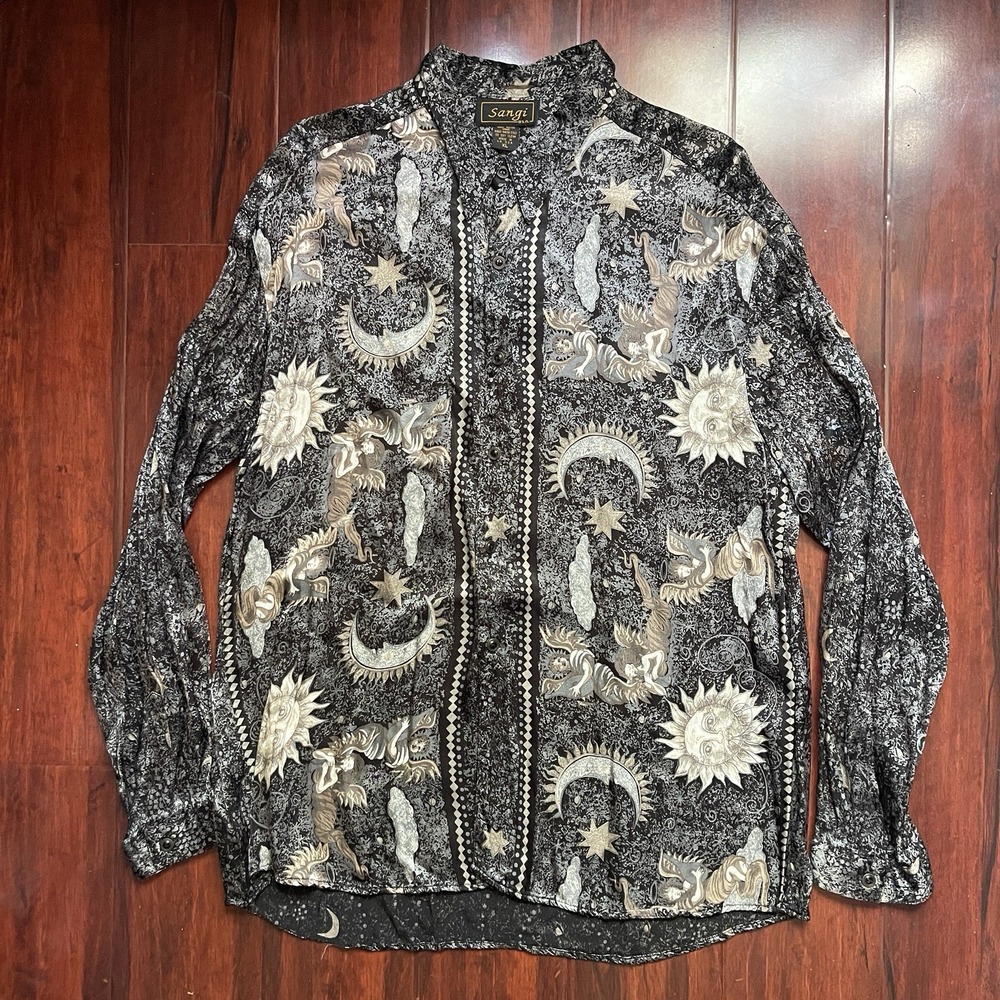 Vintage Sangi Button Up Shirt XL Celestial Angels Sun Moon Stars Rayon USA 90s